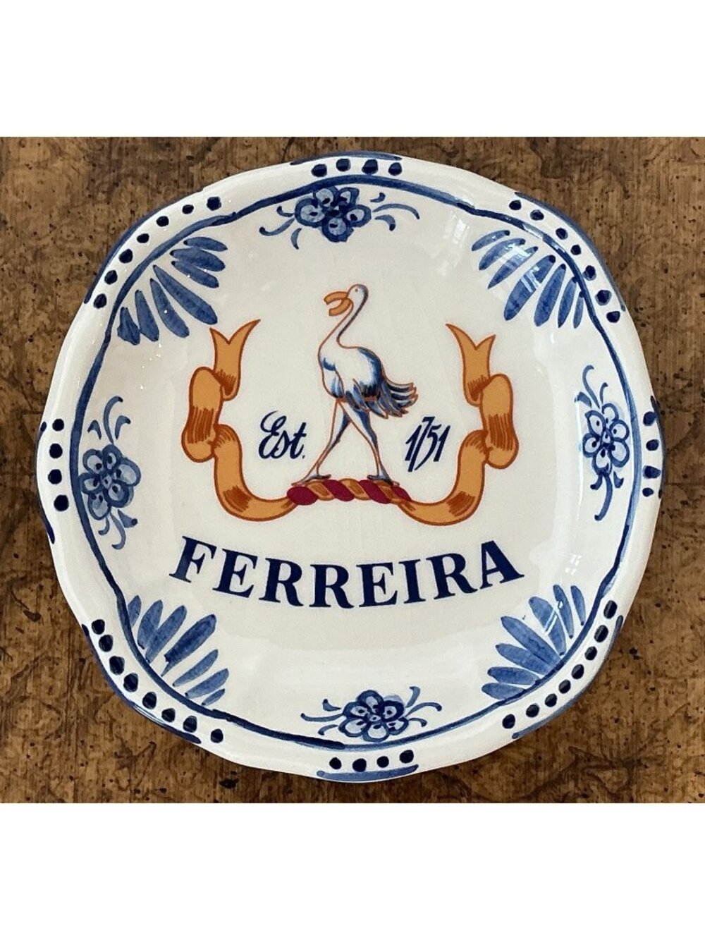Ferreira Port Wine Portugal Porcelain Trinket Dish 5" Blue & White